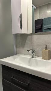 a white sink in a bathroom with a mirror at Bright Apartment with Forest View Balcony in Naujoji Akmenė