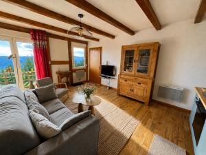 a living room with a couch and a tv at Le Panorama in Soultzeren