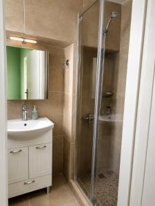 a bathroom with a sink and a shower at Stellinas Pretty House in Andros +25 photos
