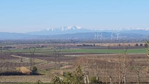 a view of a field with wind turbines in the distance at Cabane insolite au sein d un ranch in Poilhès