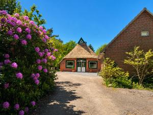 a brick house with purple flowers in front of it at Ferienhaus Heilhecker in Brake