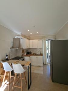 eine Küche mit Tisch, Stühlen und Kühlschrank in der Unterkunft Elia Studios 1 in Nydri