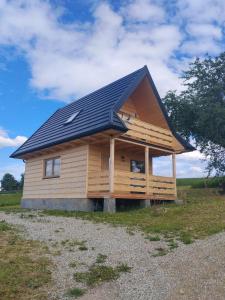 a large wooden house with a black roof at Domek Niedźwiedź in Groń