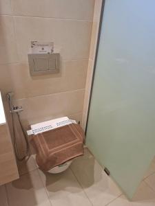 ein Badezimmer mit einer Toilette, auf der ein Handtuch liegt in der Unterkunft Elia Studios 1 in Nydri + 24 Fotos