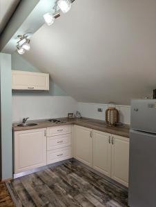 a kitchen with white cabinets and a white refrigerator at Casa la Helesteu in Ocnele Mari
