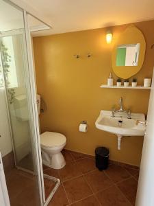 a bathroom with a toilet and a sink and a mirror at Art & Motion Union - Guest Room 2 in Apoíkia