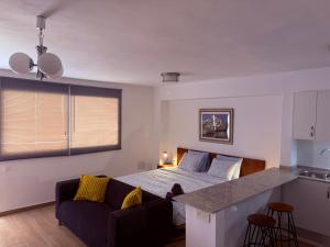 a bedroom with a bed and a couch and a kitchen at Casa Lana - Cozy Beachside Studio in Puertito de Güímar