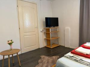 a living room with a bed and a tv and a table at Casa Dorina 2 in Techirghiol