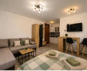 a living room with a couch and a kitchen at Apartmani Krčmarica 10 in Divčibare