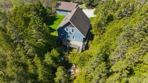 an aerial view of a blue house in the woods at PIKE BAY Private Oasis Fireplace in Wiarton