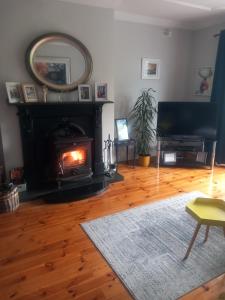 a living room with a fireplace and a wooden floor at Waterways Lodge in Carrick on Shannon