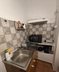a small kitchen with a sink and a microwave at ENDLESS BLUE Milos in Provatas