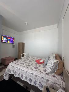 a bedroom with a bed and a tv on the wall at Palmares Hotel in Palmares do Sul