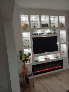 a living room with a television and a fireplace at FeWoZentrum in Lüdenscheid