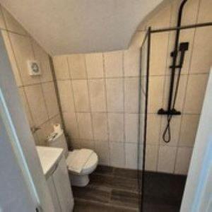 a small bathroom with a toilet and a shower at Alexander's luxury rooms all en-suite, spa bath in Blackpool +2 photos