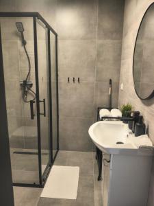 a bathroom with a shower and a sink at Las Palmas in Bysławek +23 photos