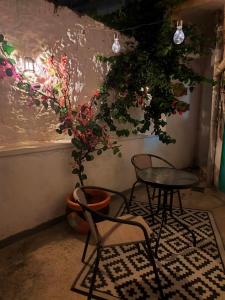 a table and two chairs and a potted plant at Ammos studio Loutraki in Loutraki