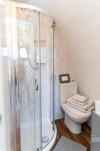 a bathroom with a toilet and a glass shower at Jerusalem Farm Pods in Tranent