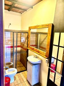a bathroom with a sink and a toilet and a mirror at Finca Dulce Amanecer in Villeta +26 photos