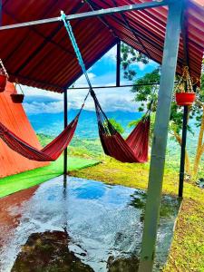 a couple of hammocks hanging from a tent at Finca Dulce Amanecer in Villeta