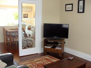 a living room with a tv and a mirror at Oamaru Pink Cottage in Oamaru