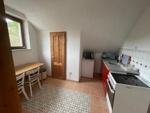 a small kitchen with a sink and a stove top oven at Gasthaus Liam 4 in Bendorf