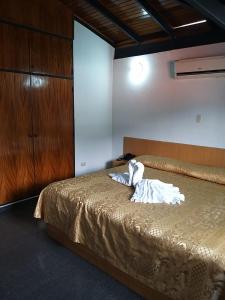 a bedroom with a bed and a wooden cabinet at Oviedo Hotel R in Mérida