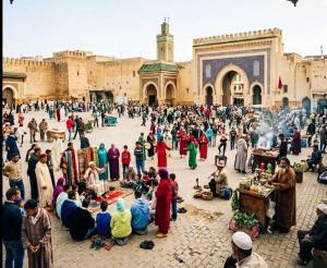 eine Menschenmenge im Innenhof eines Gebäudes in der Unterkunft Riad Dalal in Fès