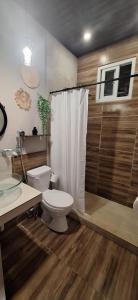a bathroom with a toilet and a shower and a sink at Stone Hill farm & cabins in Penonomé