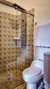 a bathroom with a toilet and a glass shower at Tángara Home in Cali