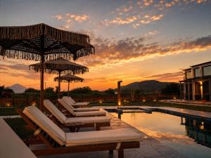 a group of lounge chairs and umbrellas next to a pool at Mini Boutique Dragani in Sykia Chalkidikis
