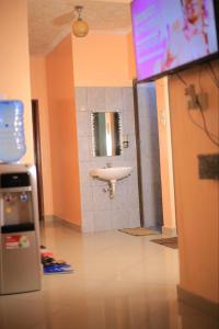 a bathroom with a sink and a mirror and a tv at Barizi Cottage in Tulu