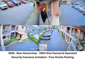 two pictures of a street with cars parked in a parking lot at ASURE Centrepoint Motel in Christchurch