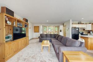 a living room with a couch and a tv at Nature's Getaway in Bartlett