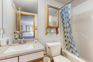 a bathroom with a toilet and a sink and a mirror at Nature's Getaway in Bartlett