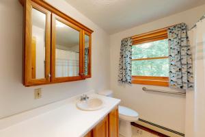 a bathroom with a sink and a toilet and a mirror at Riverside in Cornish +90 photos