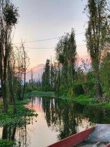 a river with trees and a sunset in the background at Casa Tonatih in Mexico City