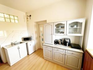a kitchen with white cabinets and a sink at Apartment by the lake in Píšťany