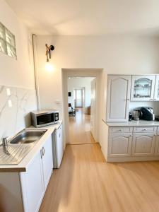 a kitchen with white cabinets and a sink at Apartment by the lake in Píšťany