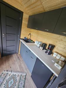 a small kitchen with a counter top in a cabin at Căsuța din pădure KSIM in Curtea de Argeş
