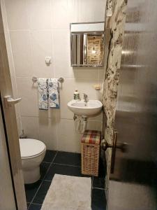 a small bathroom with a sink and a toilet at Casa dos avós 23 in Castro Daire +37 photos
