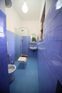 a blue bathroom with a toilet and a sink at Villa Troianiello in Carano +30 photos