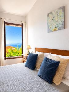 a bedroom with a bed with blue pillows and a window at Dr. Cabral Barreto in Ponta do Sol