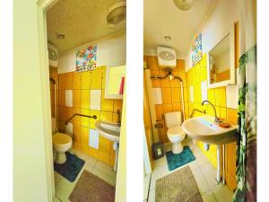 two pictures of a bathroom with a sink and a toilet at Logement meublé proche CHUM, idéal stagiaires et professionnels in Le Lamentin