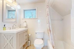a bathroom with a toilet and a sink and a tub at A Villager's Dream in North Conway +29 photos