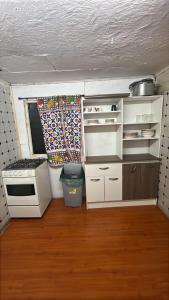 a small kitchen with a stove and white cabinets at Habitación Hostal Refugio Gaucho in Cochrane