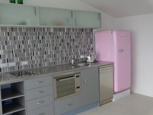 a kitchen with a pink refrigerator and a sink at The Nikau Loft in Onetangi