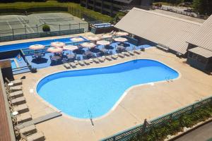 an overhead view of a pool with chairs and umbrellas at Loon Mountain Nest in Lincoln