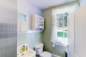 a bathroom with a toilet and a sink and a window at Garden Island's Birch in Charlotte