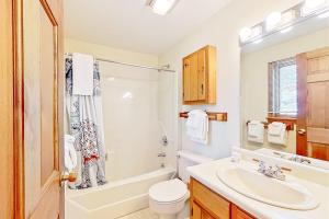 a bathroom with a sink and a toilet and a tub at White Mountain Hideaway in North Conway +43 photos